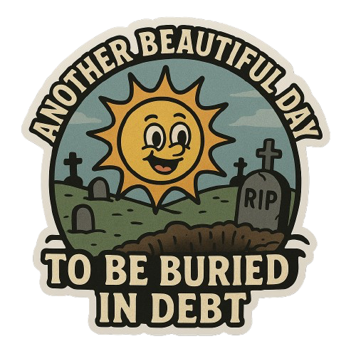 "ANOTHER BEAUTIFUL DAY TO BE BURIED IN DEBT" STICKER