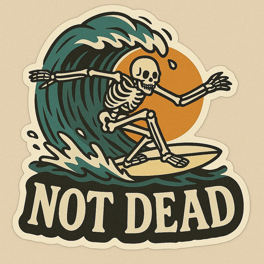 "NOT DEAD" SURFING SKELETON STICKER