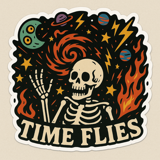 "TIME FLIES" SKELETON IN SPACE STICKER